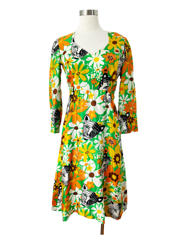Colina Jungle Cat Print Silk Dress | Medium (As Is)