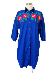 Cobalt Blue Embroidered Cotton Shirt Dress | XL