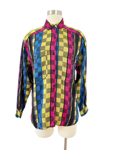 Colorful Checkered Pattern Woven Button Down | Large