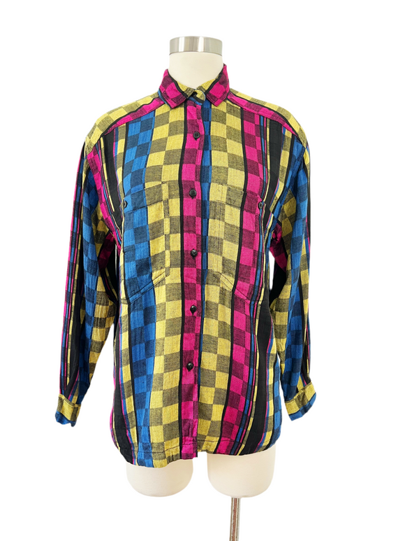 Colorful Checkered Pattern Woven Button Down | Large